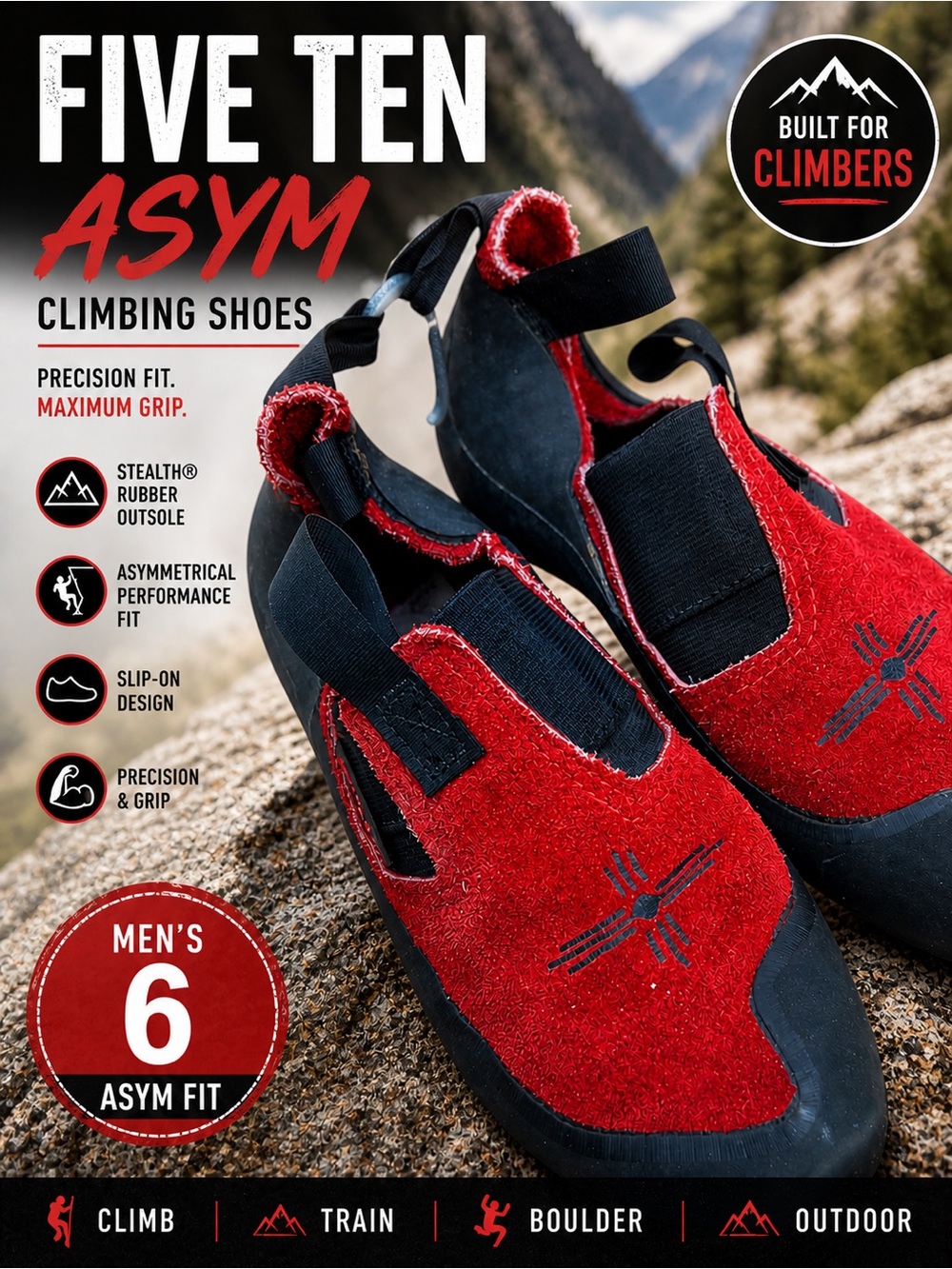 Five Ten Asym Climbing Shoes Red Black Slip On Stealth Rubber Mens